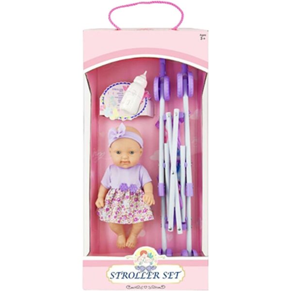 Zusammenklappbarer Puppenwagen für Mädchen mit Puppe, Sicherheitsgurt und Zubehör