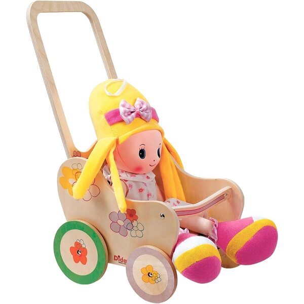 Poussette en bois Dida pour Puppen bis 35 cm mit Blumenmuster, Rollenspiel 2-4 Jahre