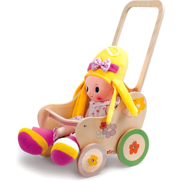 Poussette en bois Dida pour Puppen bis 35 cm mit Blumenmuster, Rollenspiel 2-4 Jahre