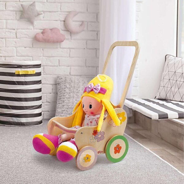 Poussette en bois Dida pour Puppen bis 35 cm mit Blumenmuster, Rollenspiel 2-4 Jahre