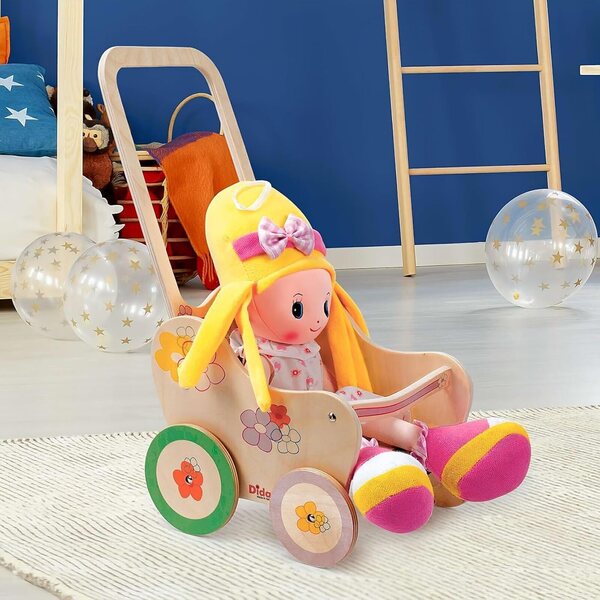 Poussette en bois Dida pour Puppen bis 35 cm mit Blumenmuster, Rollenspiel 2-4 Jahre