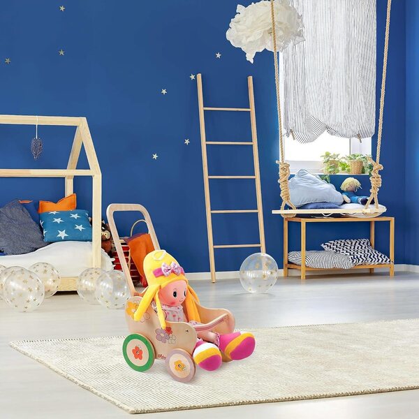 Poussette en bois Dida pour Puppen bis 35 cm mit Blumenmuster, Rollenspiel 2-4 Jahre