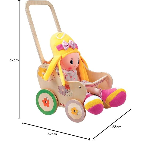 Poussette en bois Dida pour Puppen bis 35 cm mit Blumenmuster, Rollenspiel 2-4 Jahre