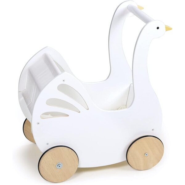 Tender Leaf Sweet Swan Poppenwagen – weißer Landau aus Holz für Puppen mit Zubehör