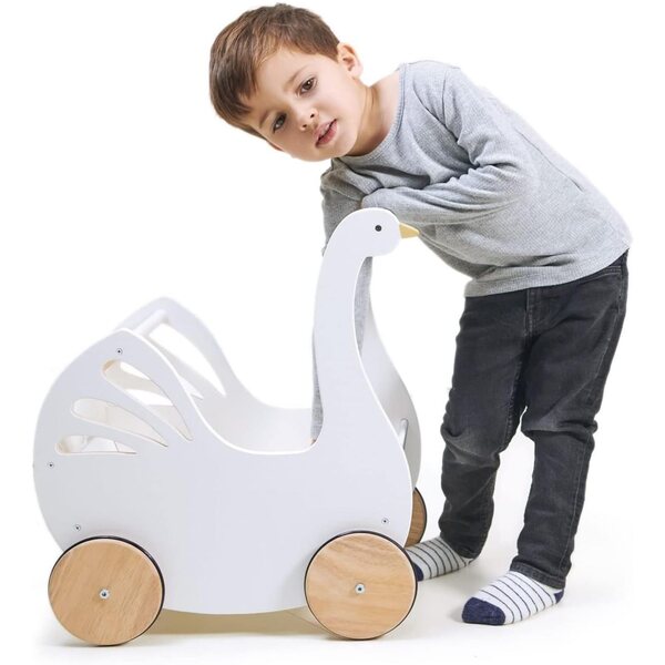 Tender Leaf Sweet Swan Poppenwagen – weißer Landau aus Holz für Puppen mit Zubehör