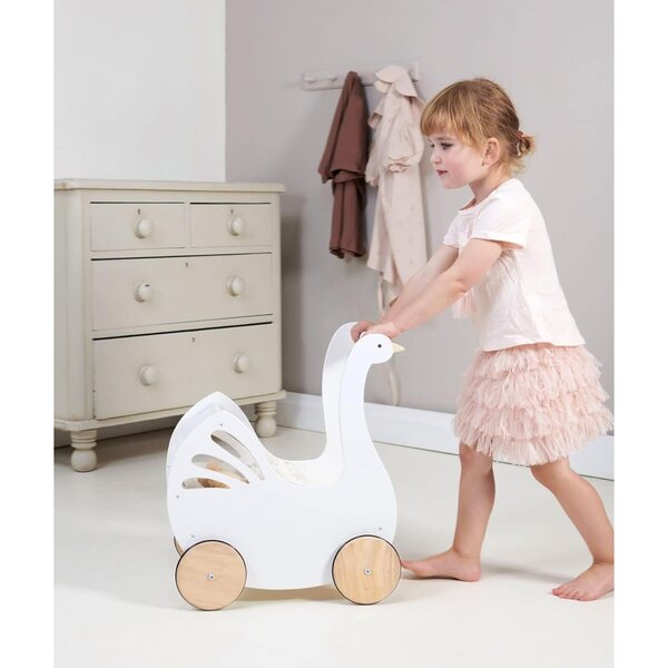 Tender Leaf Sweet Swan Poppenwagen – weißer Landau aus Holz für Puppen mit Zubehör