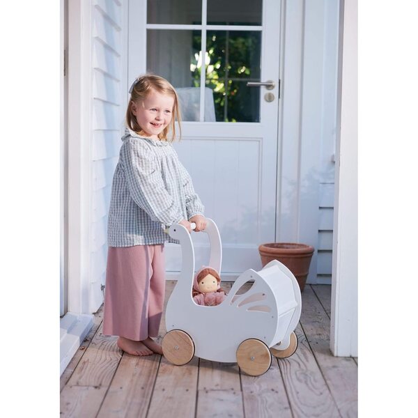Tender Leaf Sweet Swan Poppenwagen – weißer Landau aus Holz für Puppen mit Zubehör