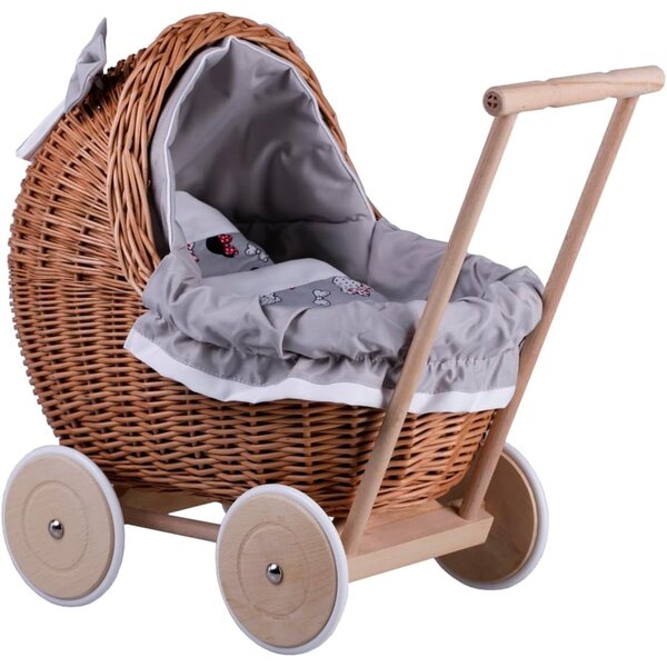 Korbwagen für Puppen bis 35 cm, stabil mit Rädern und Holzgriff