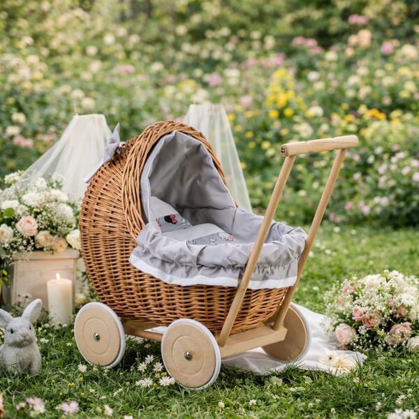 Korbwagen für Puppen bis 35 cm, stabil mit Rädern und Holzgriff