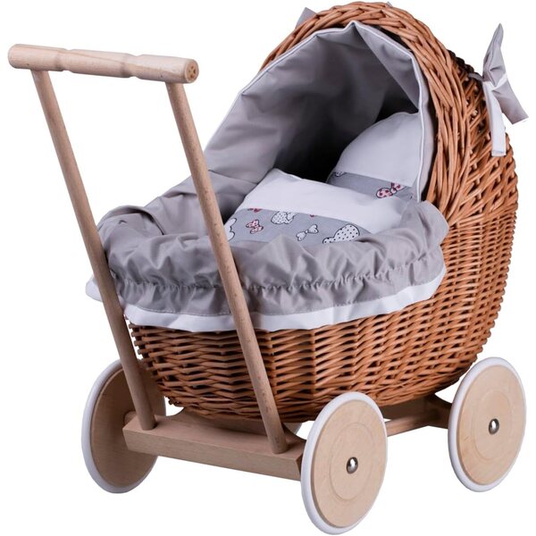 Korbwagen für Puppen bis 35 cm, stabil mit Rädern und Holzgriff