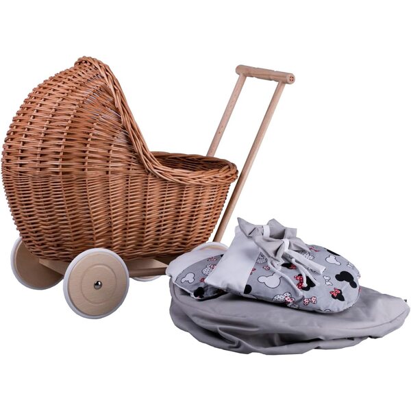 Korbwagen für Puppen bis 35 cm, stabil mit Rädern und Holzgriff