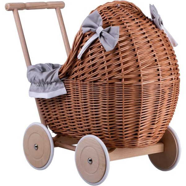Korbwagen für Puppen bis 35 cm, stabil mit Rädern und Holzgriff