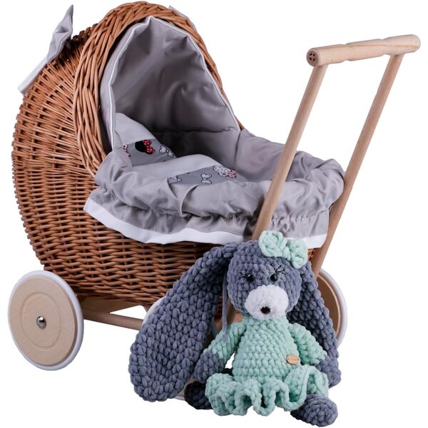 Korbwagen für Puppen bis 35 cm, stabil mit Rädern und Holzgriff