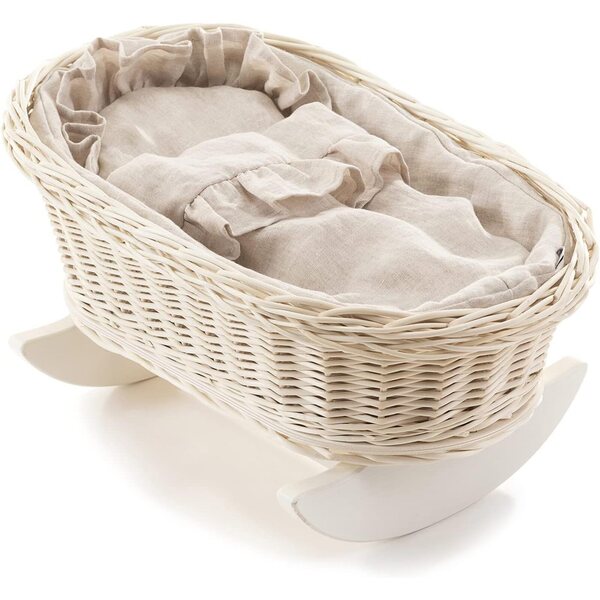 Berceau per bambole in vimini naturale con cuscino e coperta in lino Öko-Tex
