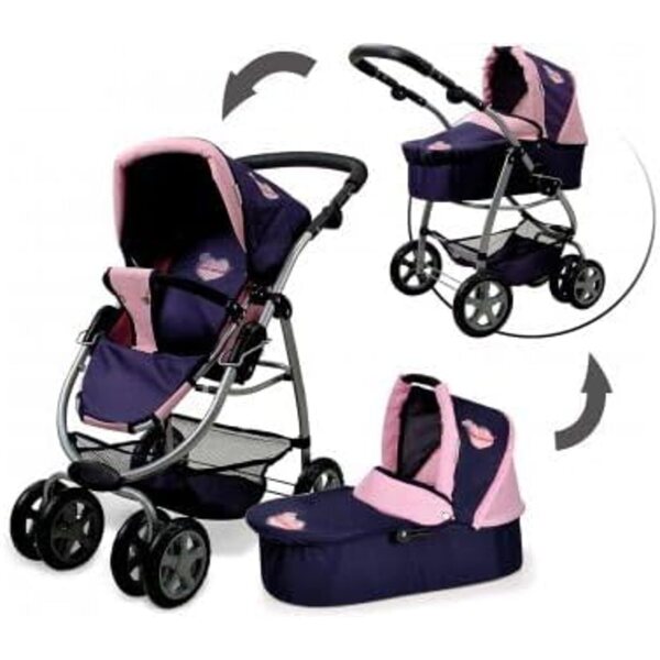 Landau Combi 2 in 1 für Puppen mit verstellbarem Griff und Zubehör – 55 x 43 cm