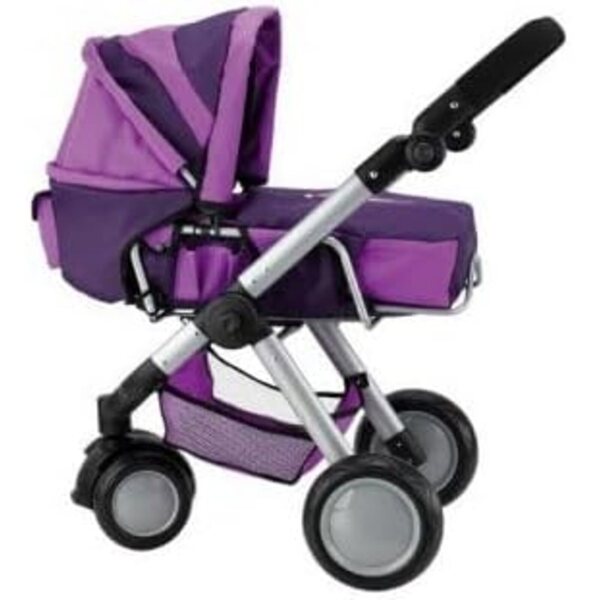 Poussette Combinée Landau Violette 2 in 1 mit verstellbarem Griff für Puppen