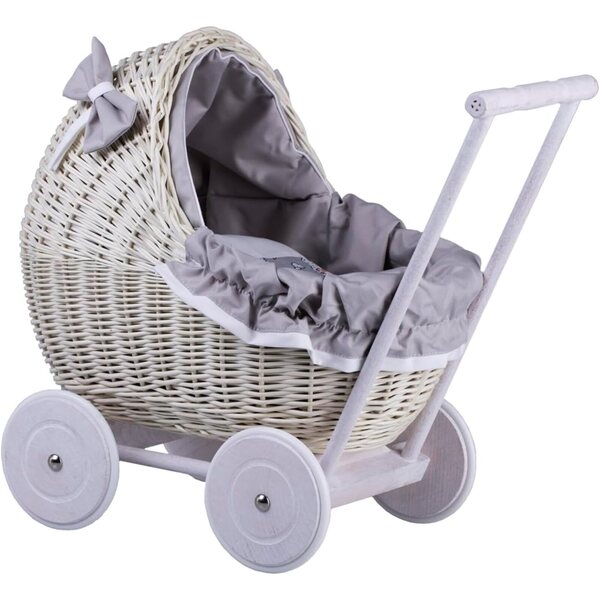Poussette aus Korbgeflecht von Landau für Puppen bis 35 cm mit Rädern und Griff aus Holz und grauem Stoff
