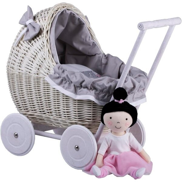 Poussette aus Korbgeflecht von Landau für Puppen bis 35 cm mit Rädern und Griff aus Holz und grauem Stoff