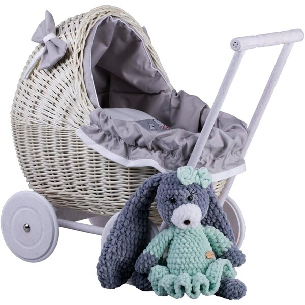 Poussette aus Korbgeflecht von Landau für Puppen bis 35 cm mit Rädern und Griff aus Holz und grauem Stoff