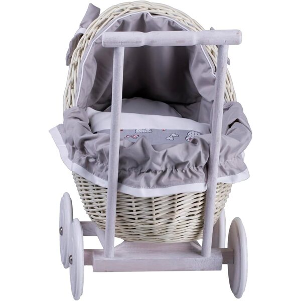 Poussette aus Korbgeflecht von Landau für Puppen bis 35 cm mit Rädern und Griff aus Holz und grauem Stoff