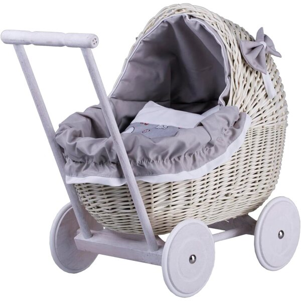 Poussette aus Korbgeflecht von Landau für Puppen bis 35 cm mit Rädern und Griff aus Holz und grauem Stoff