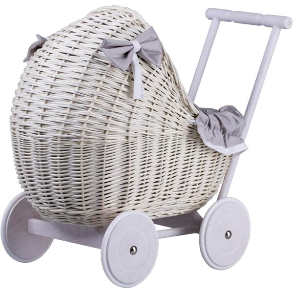 Poussette aus Korbgeflecht von Landau für Puppen bis 35 cm mit Rädern und Griff aus Holz und grauem Stoff