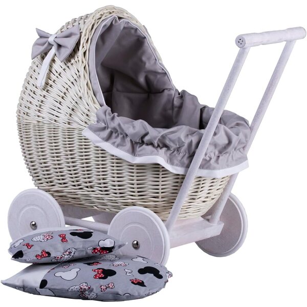 Poussette aus Korbgeflecht von Landau für Puppen bis 35 cm mit Rädern und Griff aus Holz und grauem Stoff