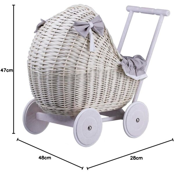 Poussette aus Korbgeflecht von Landau für Puppen bis 35 cm mit Rädern und Griff aus Holz und grauem Stoff
