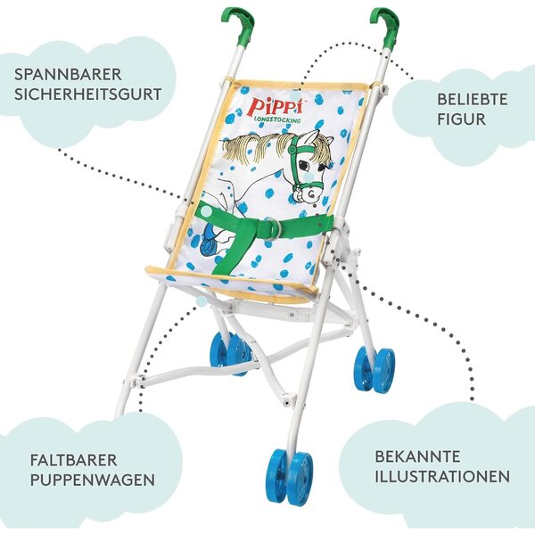 Zusammenklappbarer Kinderwagen für Pippi Langstrumpf-Puppe mit Sicherheitsgurt, ab 3 Jahren