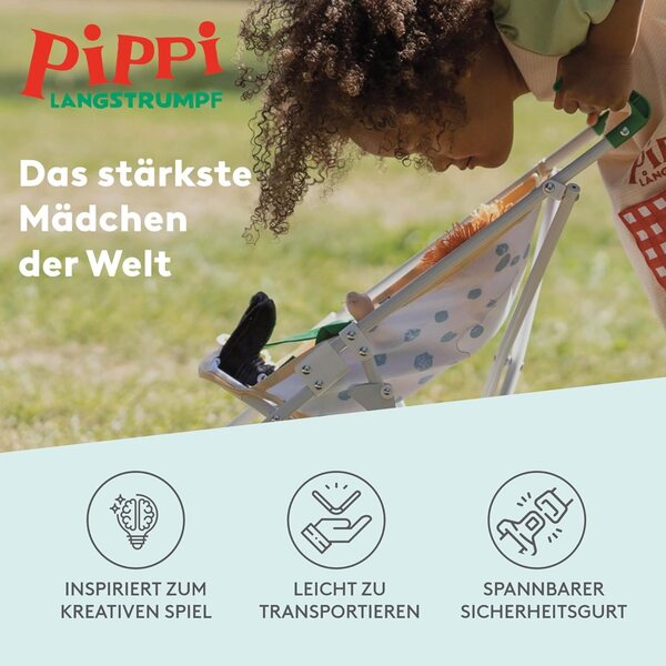 Zusammenklappbarer Kinderwagen für Pippi Langstrumpf-Puppe mit Sicherheitsgurt, ab 3 Jahren
