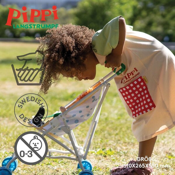 Zusammenklappbarer Kinderwagen für Pippi Langstrumpf-Puppe mit Sicherheitsgurt, ab 3 Jahren