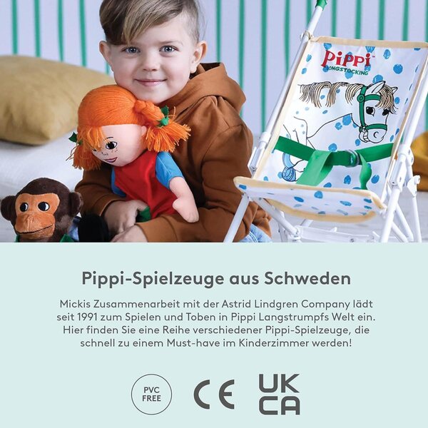 Zusammenklappbarer Kinderwagen für Pippi Langstrumpf-Puppe mit Sicherheitsgurt, ab 3 Jahren