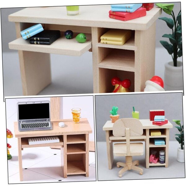 ORFOFE Set Mobili Miniatura in Legno per Casa delle Bambole: Tavolo e Sedia da Scrivania