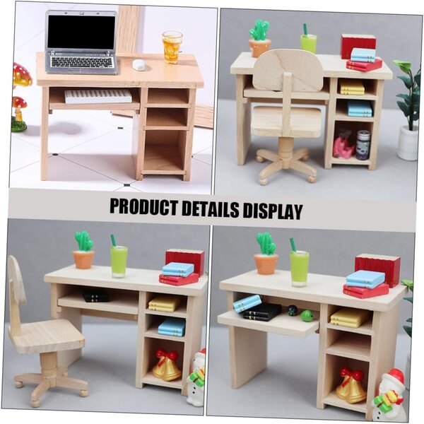ORFOFE Set Mobili Miniatura in Legno per Casa delle Bambole: Tavolo e Sedia da Scrivania