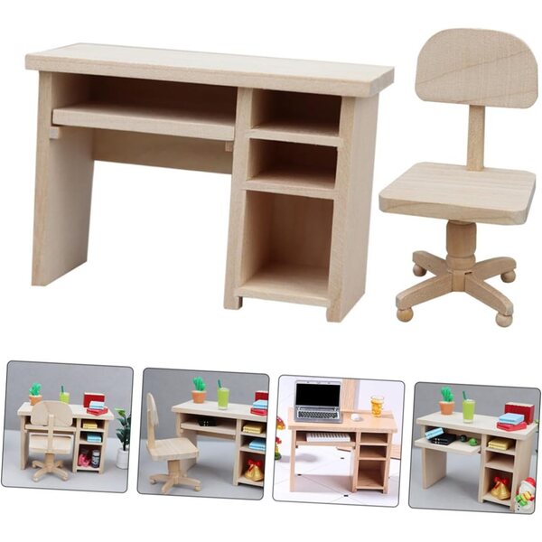 ORFOFE Set Mobili Miniatura in Legno per Casa delle Bambole: Tavolo e Sedia da Scrivania
