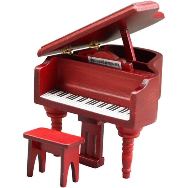 ERINGOGO Mini Pianoforte con Sgabello per Casa delle Bambole in Legno Rosso Realistico
