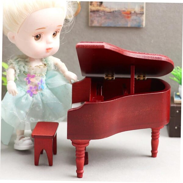 ERINGOGO Mini Pianoforte con Sgabello per Casa delle Bambole in Legno Rosso Realistico