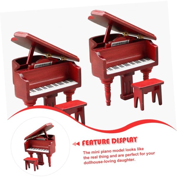 ERINGOGO Mini Pianoforte con Sgabello per Casa delle Bambole in Legno Rosso Realistico