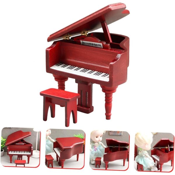 ERINGOGO Mini Pianoforte con Sgabello per Casa delle Bambole in Legno Rosso Realistico