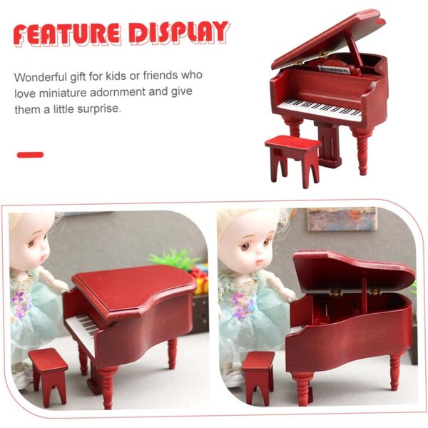 ERINGOGO Mini Pianoforte con Sgabello per Casa delle Bambole in Legno Rosso Realistico