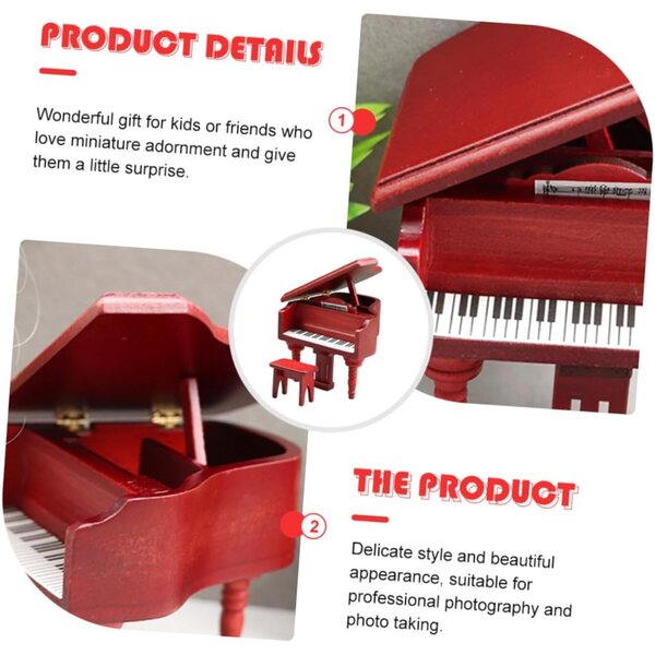 ERINGOGO Mini Pianoforte con Sgabello per Casa delle Bambole in Legno Rosso Realistico