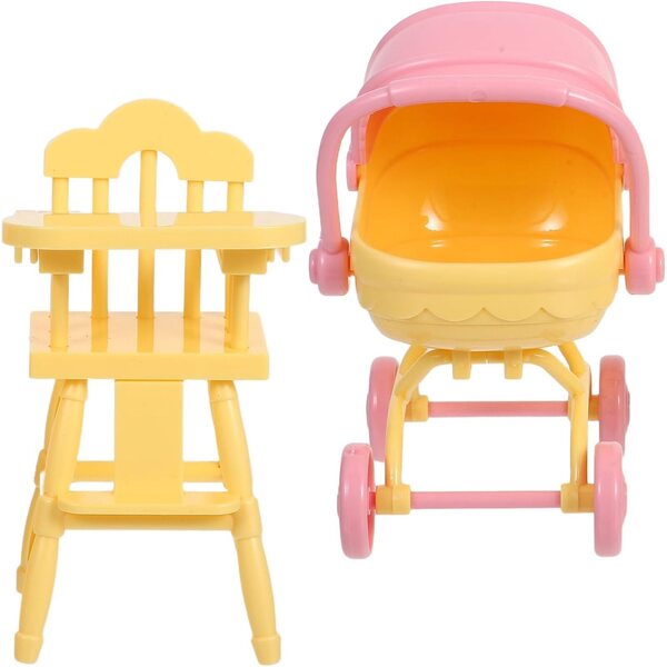 Set Mini Poussette e Sedia Alta per Casa di Bambola in ABS Giallo, Gioco di Ruolo Bambini