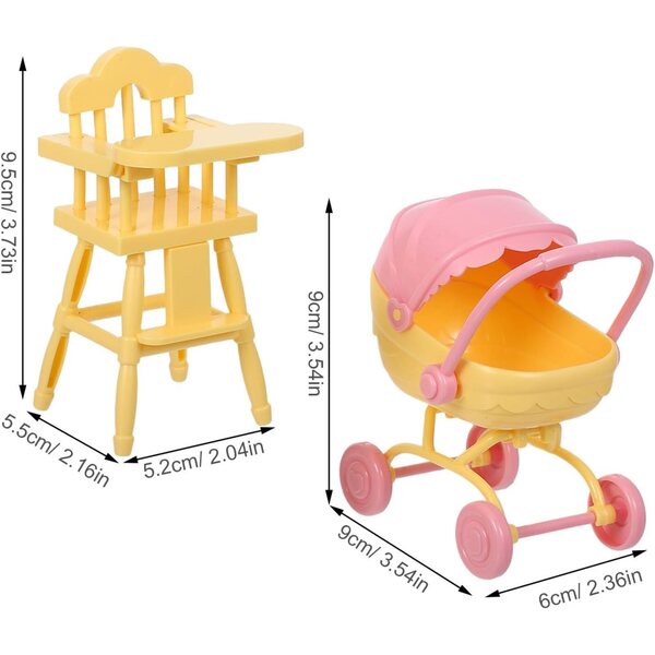 Set Mini Poussette e Sedia Alta per Casa di Bambola in ABS Giallo, Gioco di Ruolo Bambini