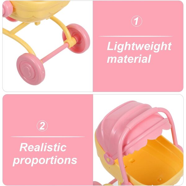Set Mini Poussette e Sedia Alta per Casa di Bambola in ABS Giallo, Gioco di Ruolo Bambini