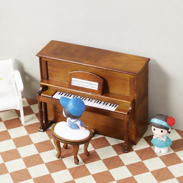 IMIKEYA Mini Pianoforte e Sgabello in Legno per Casa delle Bambole, Strumento Vintage Decorativo