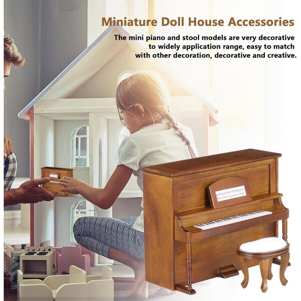 IMIKEYA Mini Pianoforte e Sgabello in Legno per Casa delle Bambole, Strumento Vintage Decorativo