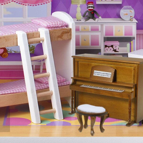 IMIKEYA Mini Pianoforte e Sgabello in Legno per Casa delle Bambole, Strumento Vintage Decorativo