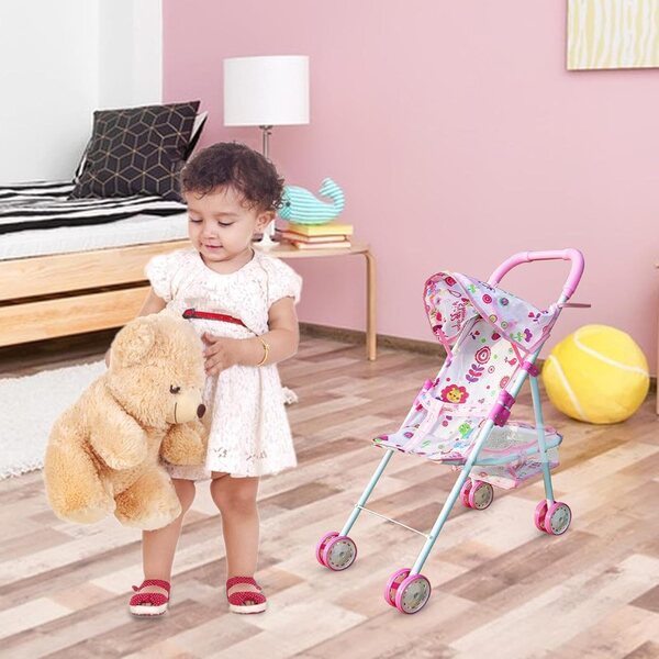 Passeggino giocattolo pieghevole per bambini con cestino inferiore: stimolazione creativa e divertente