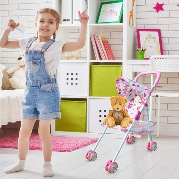 Passeggino giocattolo pieghevole per bambini con cestino inferiore: stimolazione creativa e divertente