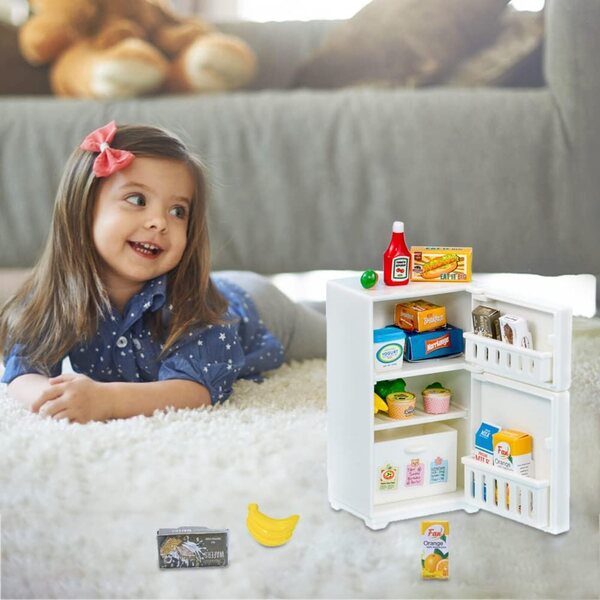 Set Giocattoli Frigorifero con 17 Alimenti per Casa delle Bambole RASTKY in Plastica e Carta